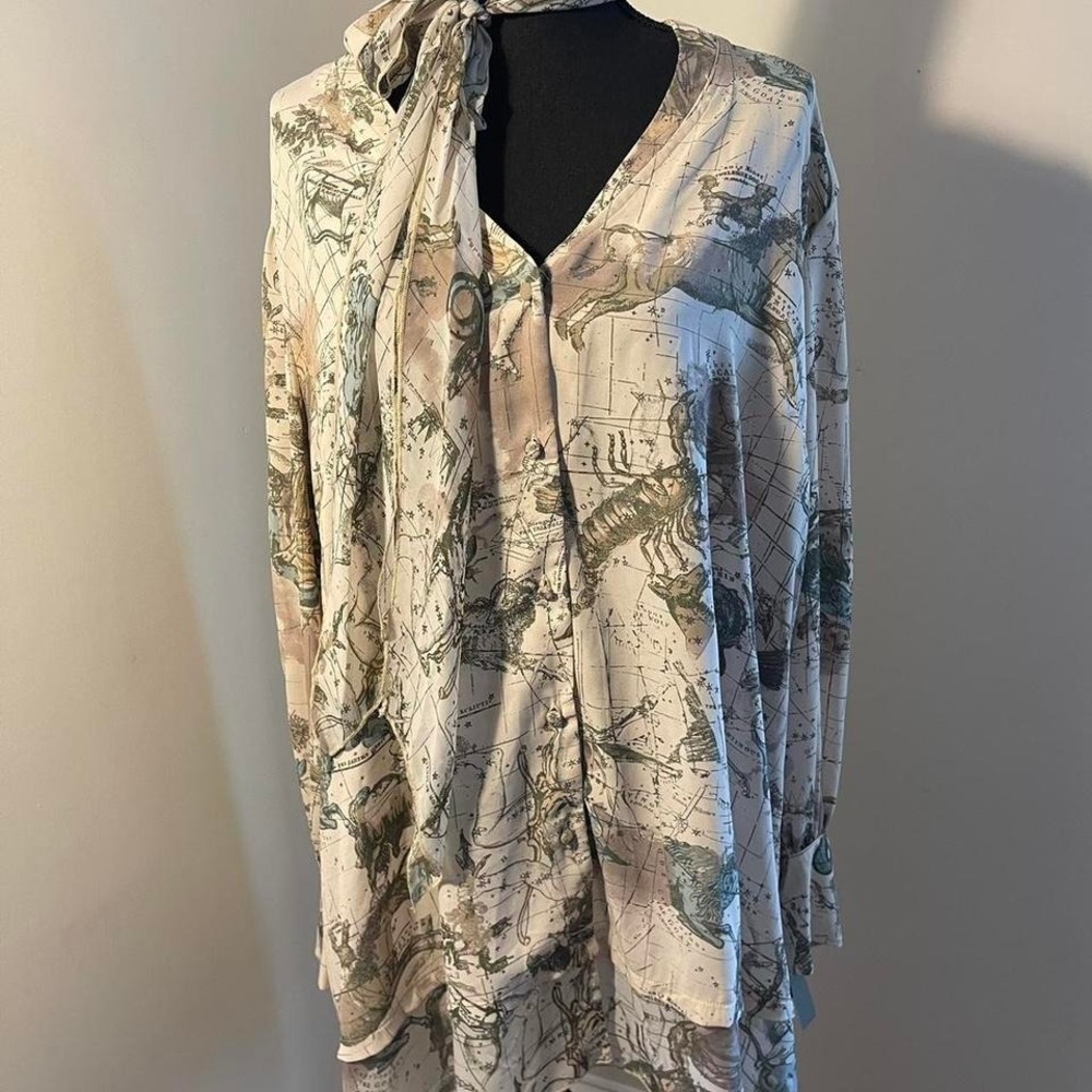 Astrological dress blouse with neck scarf, long sleeves, cuffed 2X  seven7
